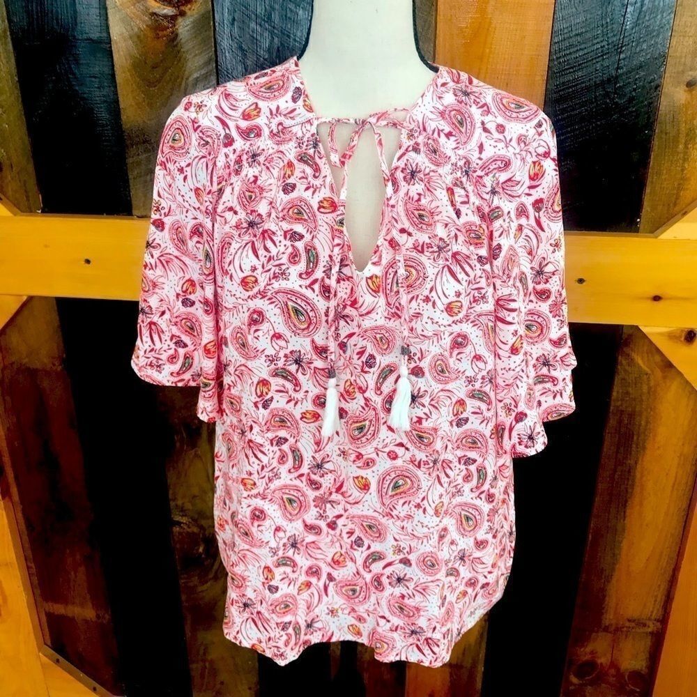 DR 2 peasant style tassel tie front top, size M